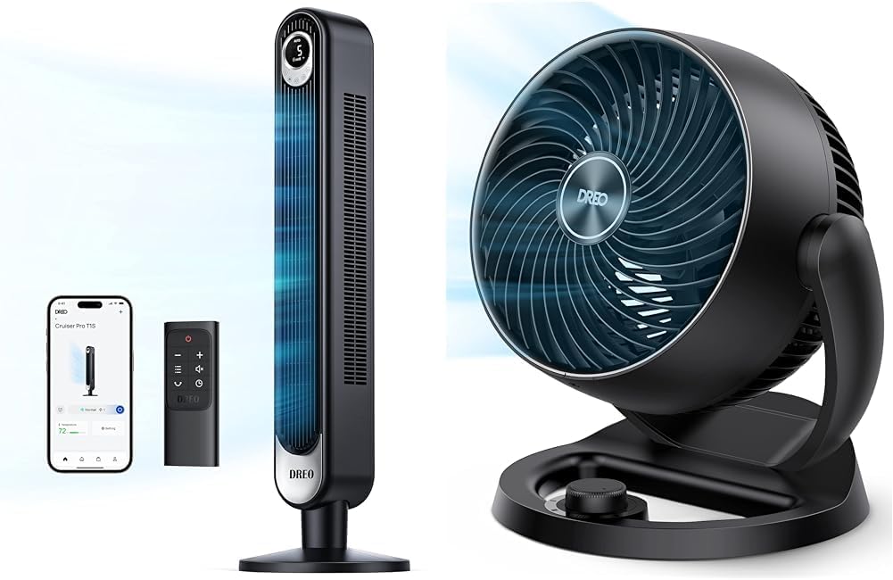 Dreo Tower Fan for Bedroom, 90° Oscillating Standing Fan, 30ft far, 28dB Quiet for Sleep, 6 Speeds, 4 Modes, 12H Timer, 42 Inch, Bladeless, Remote, for Home, Office, Room, Cruiser Pro T1