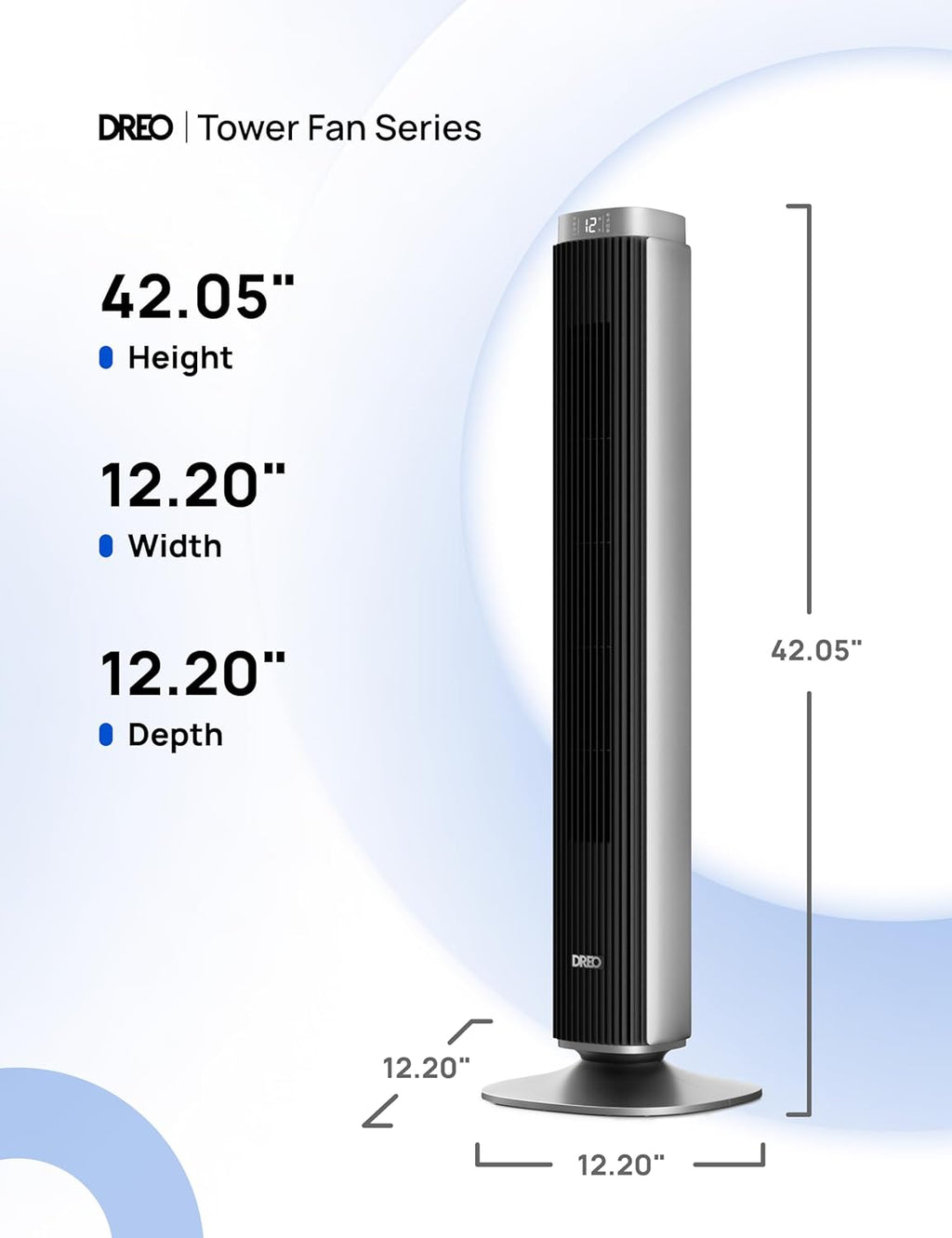 Dreo Tower Fan for Bedroom, 90° Oscillating Standing Fan with 40ft Far Airflow, 25dB Ultra Quiet DC Motor, 28ft/s Velocity, 12 Speeds, 42 inch, Smart Control, 4 Modes, 12H Timer, Pilot Pro S