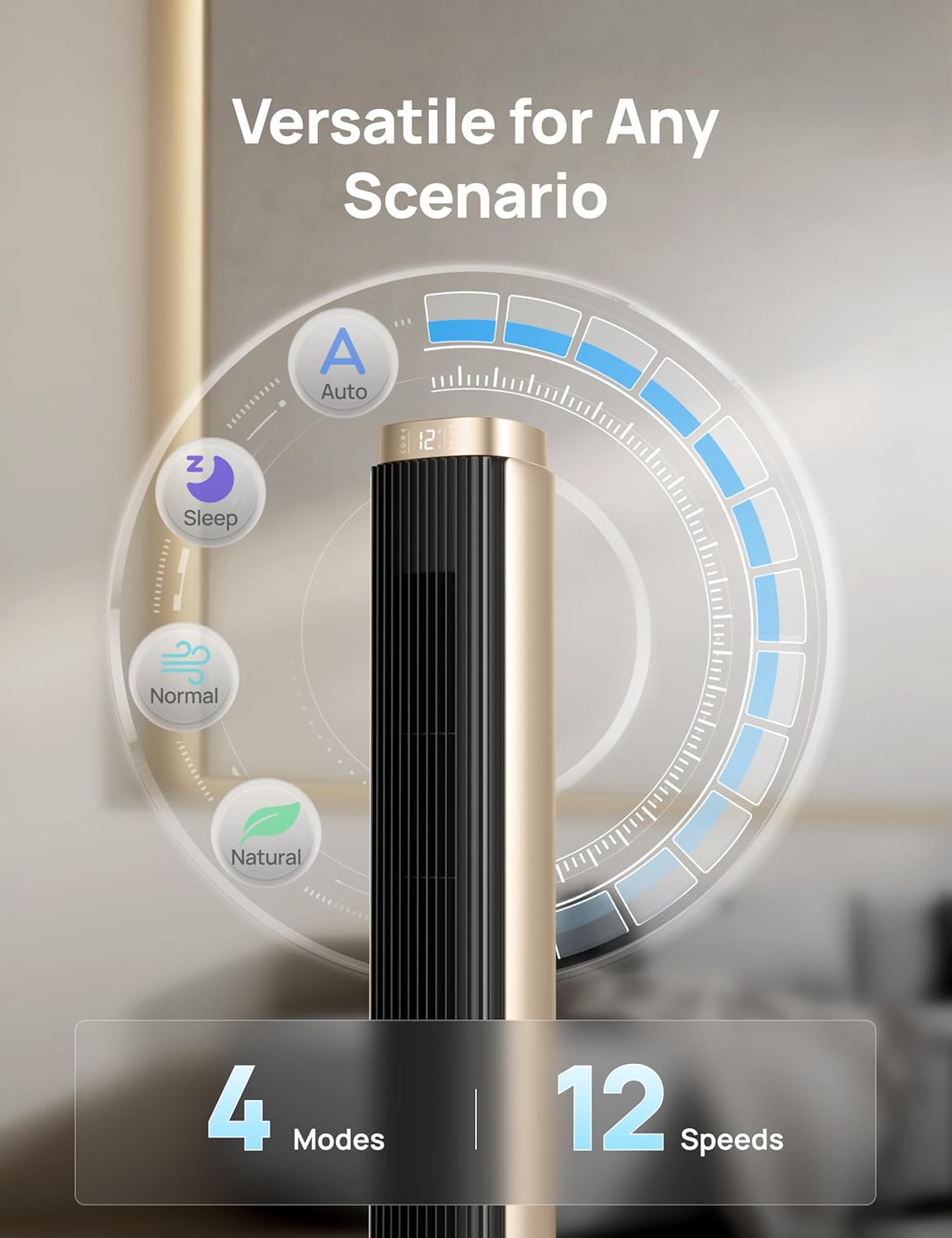 Dreo Tower Fan for Bedroom, 90° Oscillating Standing Fan with 40ft Far Airflow, 25dB Ultra Quiet DC Motor, 28ft/s Velocity, 12 Speeds, 42 inch, Smart Control, 4 Modes, 12H Timer, Pilot Pro S