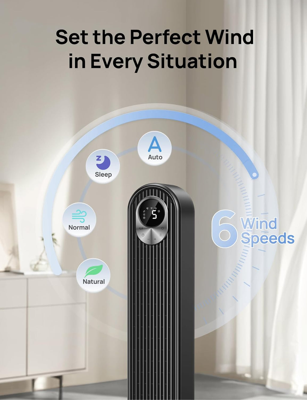Dreo Tower Fan for Bedroom, 90° Oscillating Standing Fan, 30ft far, 28dB Quiet for Sleep, 6 Speeds, 4 Modes, 12H Timer, 42 Inch, Bladeless, Remote, for Home, Office, Room, Cruiser Pro T1