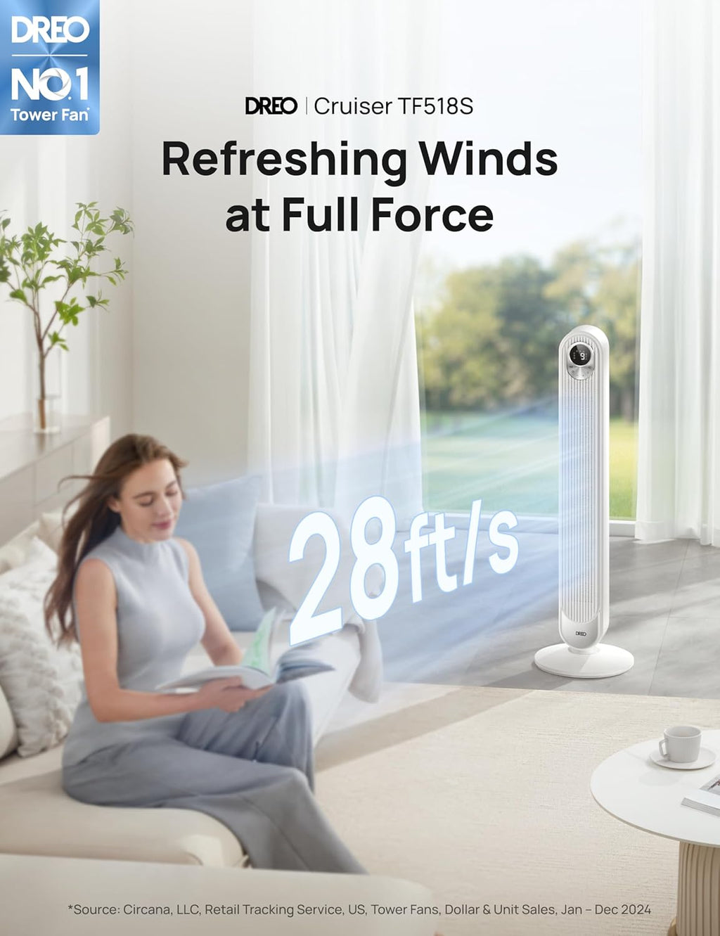 Dreo Tower Fan for Bedroom, 90° Oscillating Standing Fan, 30ft far, 28dB Quiet for Sleep, 6 Speeds, 4 Modes, 12H Timer, 42 Inch, Bladeless, Remote, for Home, Office, Room, Cruiser Pro T1