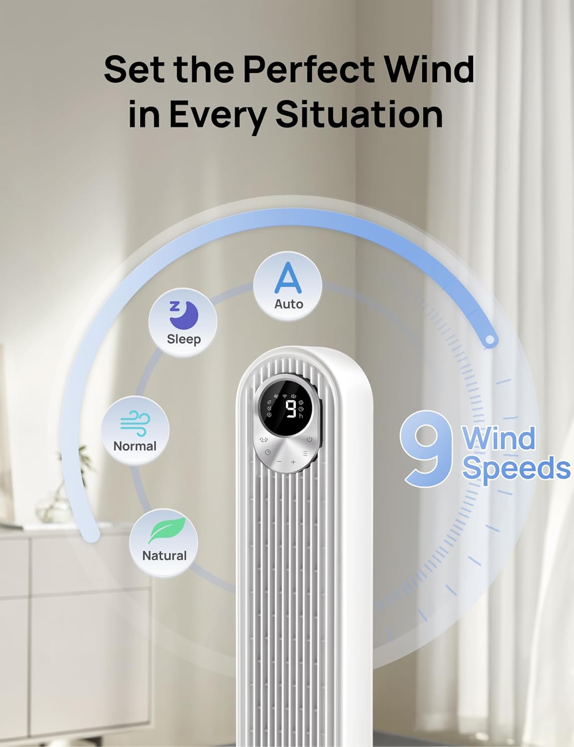 Dreo Tower Fan for Bedroom, 90° Oscillating Standing Fan, 30ft far, 28dB Quiet for Sleep, 6 Speeds, 4 Modes, 12H Timer, 42 Inch, Bladeless, Remote, for Home, Office, Room, Cruiser Pro T1