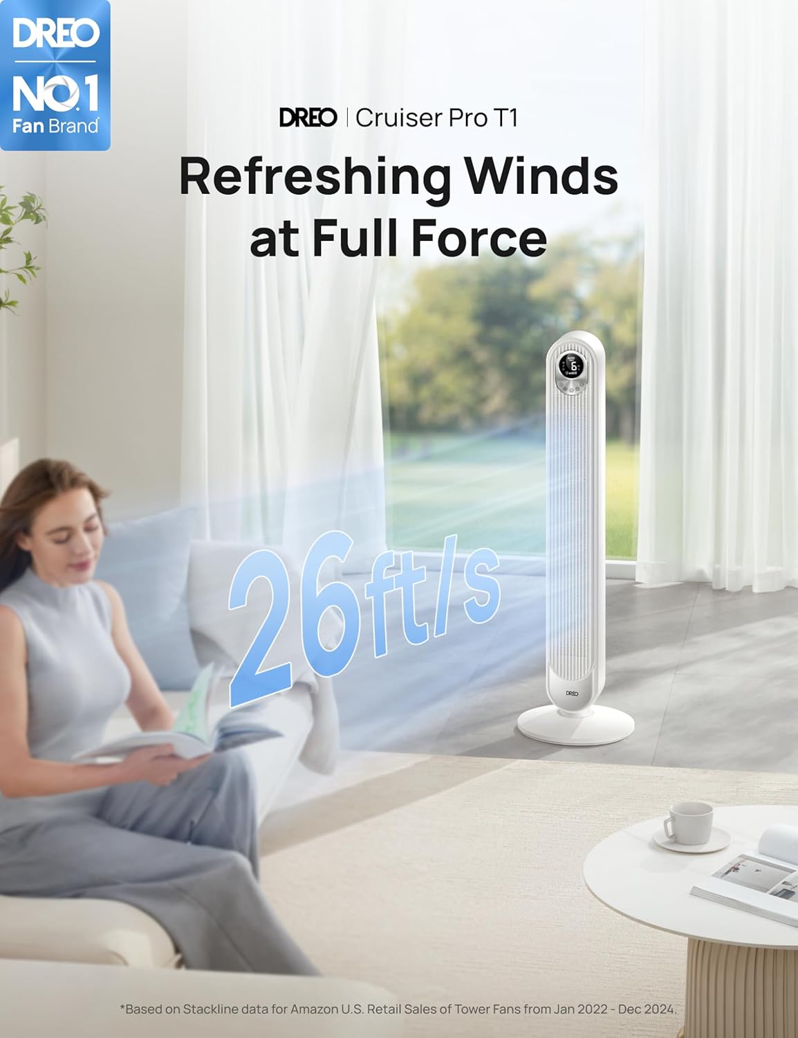 Dreo Tower Fan for Bedroom, 90° Oscillating Standing Fan, 30ft far, 28dB Quiet for Sleep, 6 Speeds, 4 Modes, 12H Timer, 42 Inch, Bladeless, Remote, for Home, Office, Room, Cruiser Pro T1