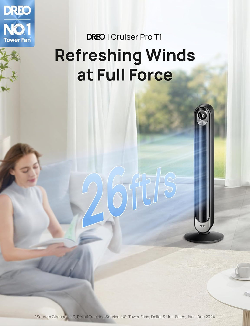 Dreo Tower Fan for Bedroom, 90° Oscillating Standing Fan, 30ft far, 28dB Quiet for Sleep, 6 Speeds, 4 Modes, 12H Timer, 42 Inch, Bladeless, Remote, for Home, Office, Room, Cruiser Pro T1