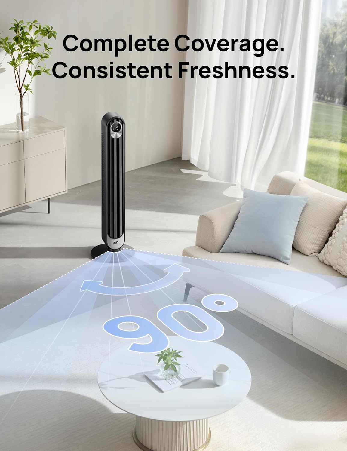 Dreo Tower Fan for Bedroom, 90° Oscillating Standing Fan, 30ft far, 28dB Quiet for Sleep, 6 Speeds, 4 Modes, 12H Timer, 42 Inch, Bladeless, Remote, for Home, Office, Room, Cruiser Pro T1