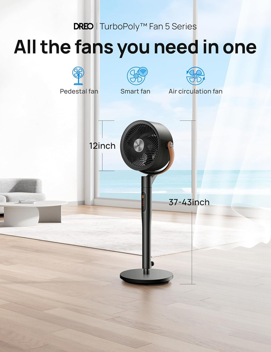 Dreo PolyFan 513S Pedestal Fan Standing Floor Fans Smart Oscillating with Wi-Fi/Voice Control