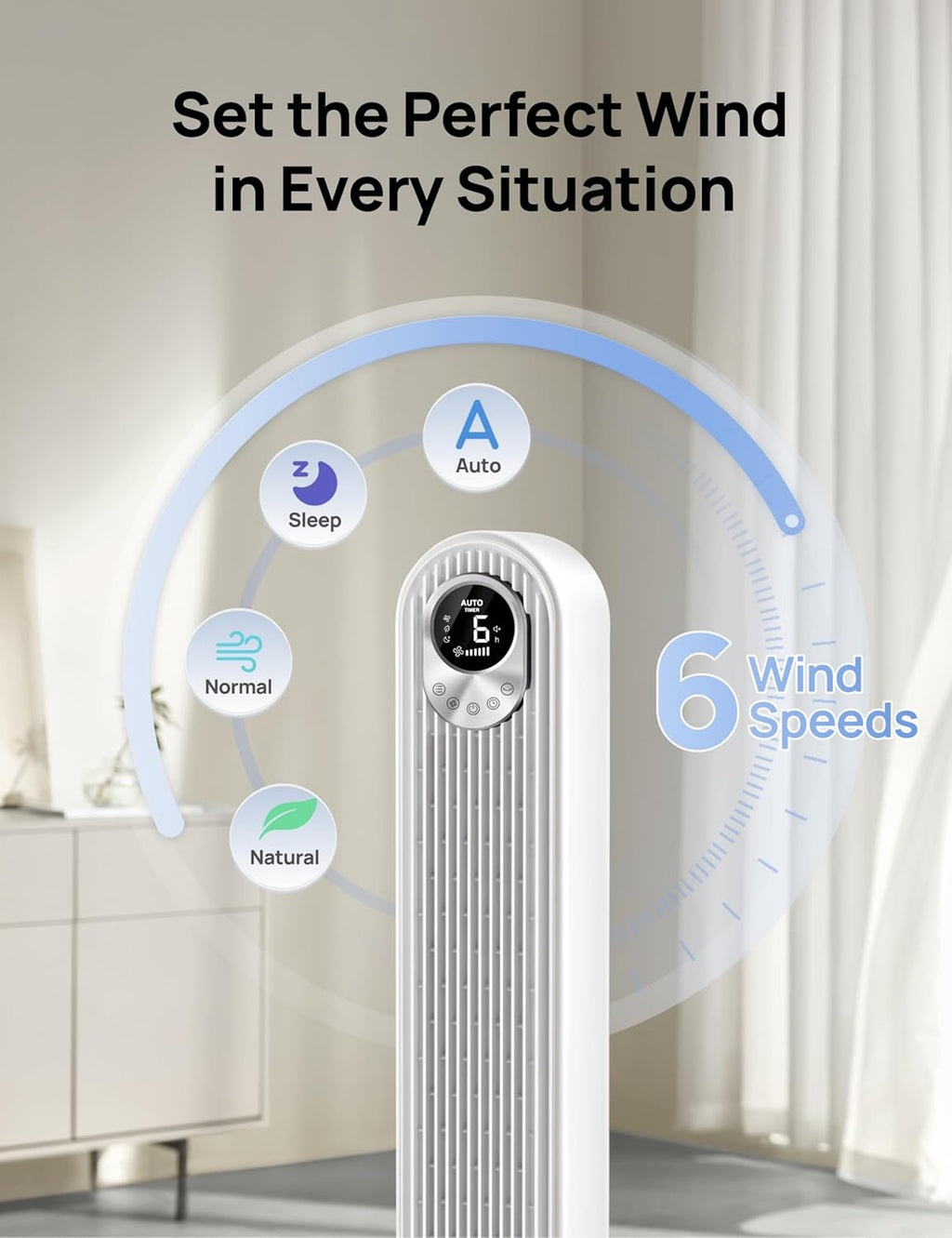Dreo Tower Fan for Bedroom, 90° Oscillating Standing Fan, 30ft far, 28dB Quiet for Sleep, 6 Speeds, 4 Modes, 12H Timer, 42 Inch, Bladeless, Remote, for Home, Office, Room, Cruiser Pro T1