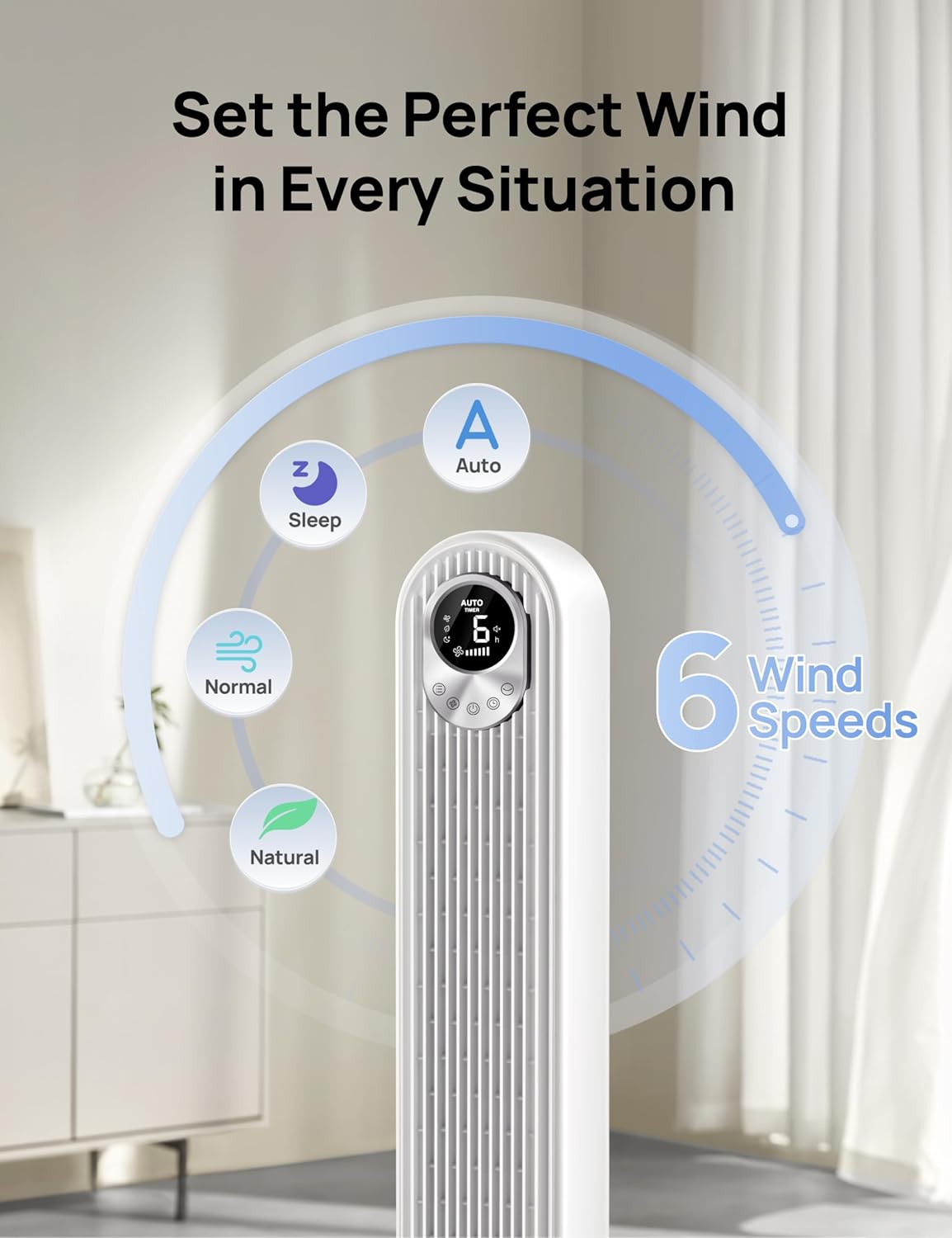 Dreo Tower Fan for Bedroom, 90° Oscillating Standing Fan, 30ft far, 28dB Quiet for Sleep, 6 Speeds, 4 Modes, 12H Timer, 42 Inch, Bladeless, Remote, for Home, Office, Room, Cruiser Pro T1