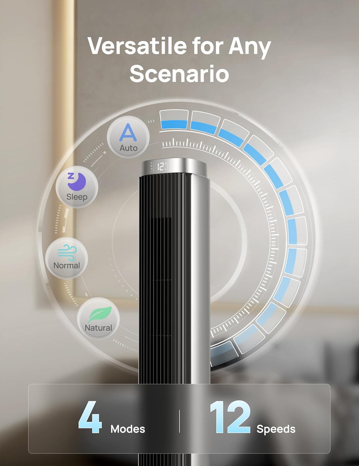 Dreo Tower Fan for Bedroom, 90° Oscillating Standing Fan with 40ft Far Airflow, 25dB Ultra Quiet DC Motor, 28ft/s Velocity, 12 Speeds, 42 inch, Smart Control, 4 Modes, 12H Timer, Pilot Pro S
