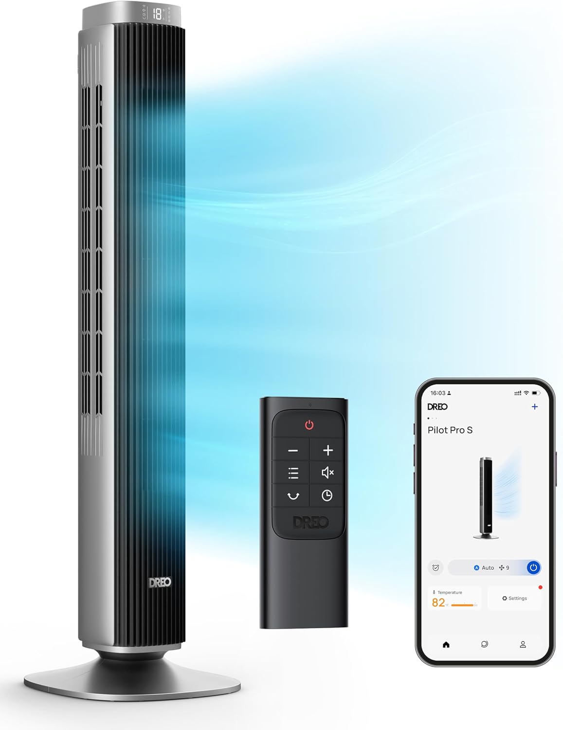 Dreo Tower Fan for Bedroom, 90° Oscillating Standing Fan with 40ft Far Airflow, 25dB Ultra Quiet DC Motor, 28ft/s Velocity, 12 Speeds, 42 inch, Smart Control, 4 Modes, 12H Timer, Pilot Pro S