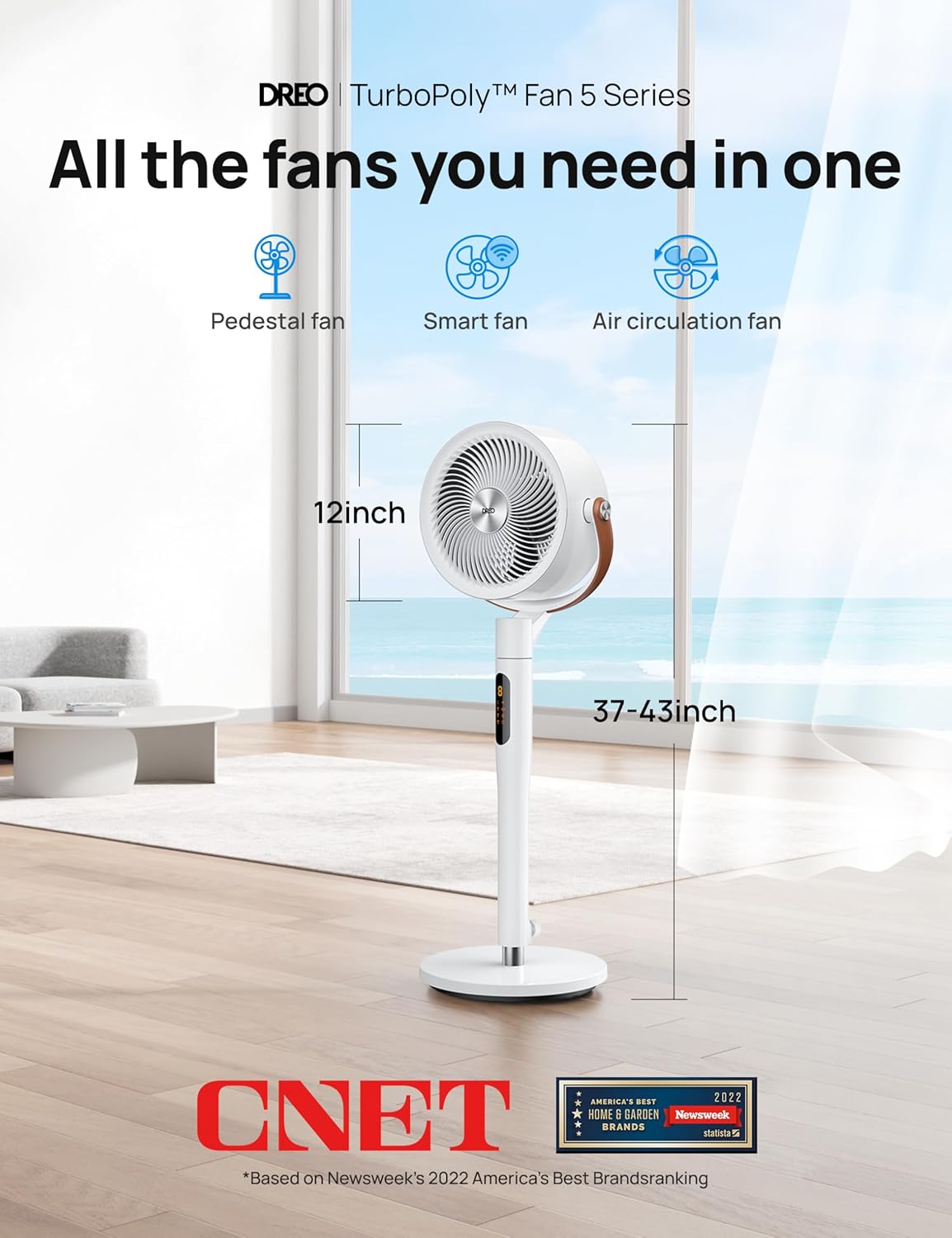 Dreo PolyFan 513S Pedestal Fan Standing Floor Fans Smart Oscillating with Wi-Fi/Voice Control