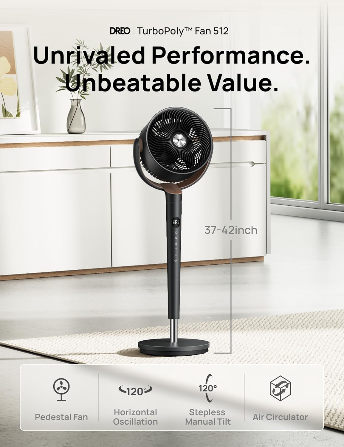 Dreo Standing Floor Fan for Bedroom, Quiet Pedestal Fans for Room