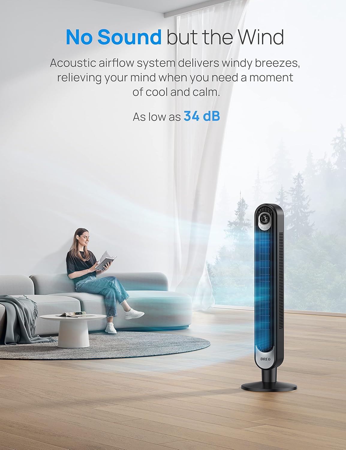 Dreo Tower Fan for Bedroom, 90° Oscillating Standing Fan, 30ft far, 28dB Quiet for Sleep, 6 Speeds, 4 Modes, 12H Timer, 42 Inch, Bladeless, Remote, for Home, Office, Room, Cruiser Pro T1