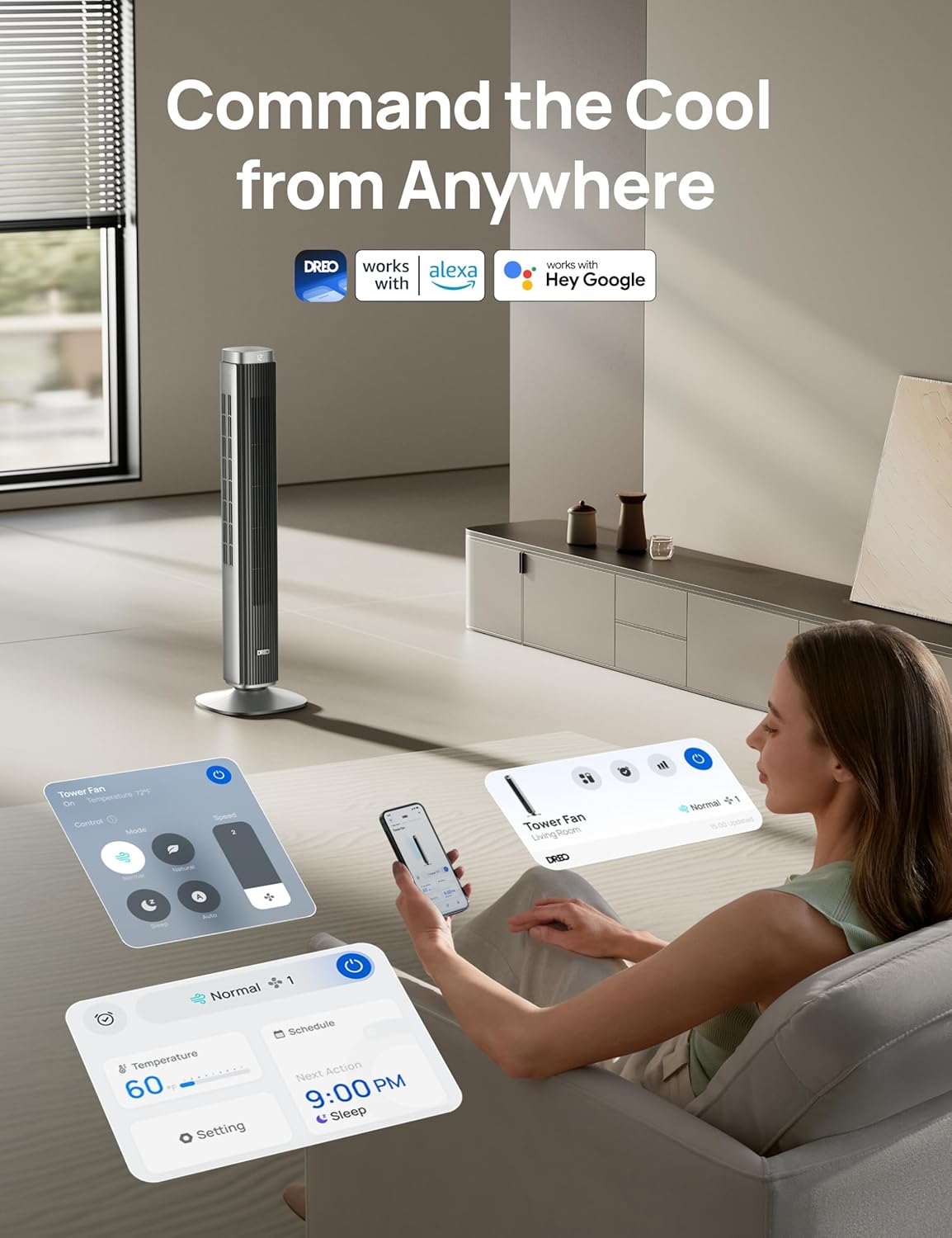 Dreo Tower Fan for Bedroom, 90° Oscillating Standing Fan with 40ft Far Airflow, 25dB Ultra Quiet DC Motor, 28ft/s Velocity, 12 Speeds, 42 inch, Smart Control, 4 Modes, 12H Timer, Pilot Pro S