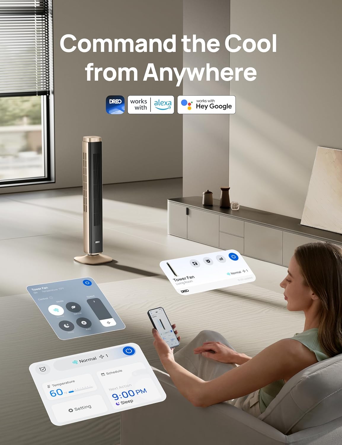Dreo Tower Fan for Bedroom, 90° Oscillating Standing Fan with 40ft Far Airflow, 25dB Ultra Quiet DC Motor, 28ft/s Velocity, 12 Speeds, 42 inch, Smart Control, 4 Modes, 12H Timer, Pilot Pro S