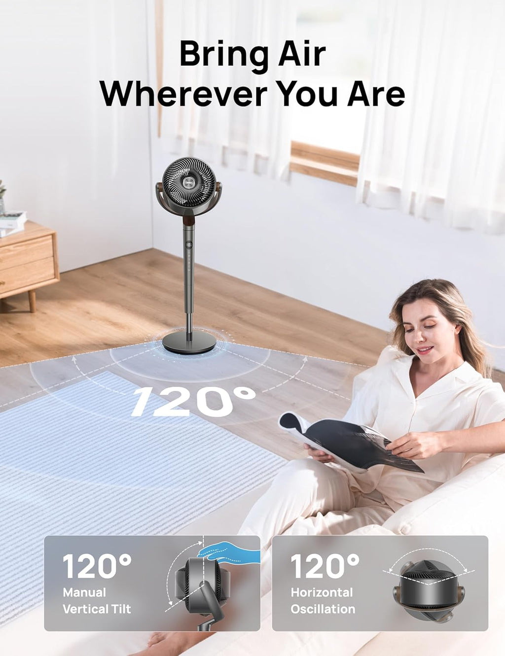Dreo Standing Floor Fan for Bedroom, Quiet Pedestal Fans for Room