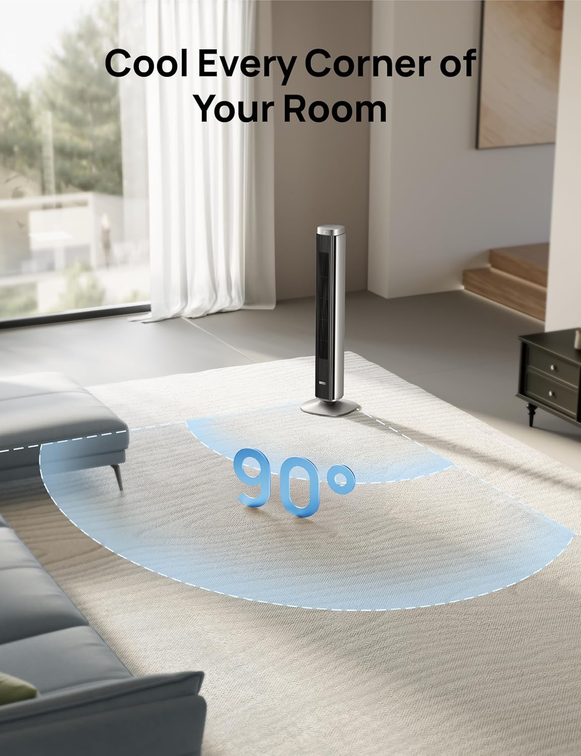 Dreo Tower Fan for Bedroom, 90° Oscillating Standing Fan with 40ft Far Airflow, 25dB Ultra Quiet DC Motor, 28ft/s Velocity, 12 Speeds, 42 inch, Smart Control, 4 Modes, 12H Timer, Pilot Pro S