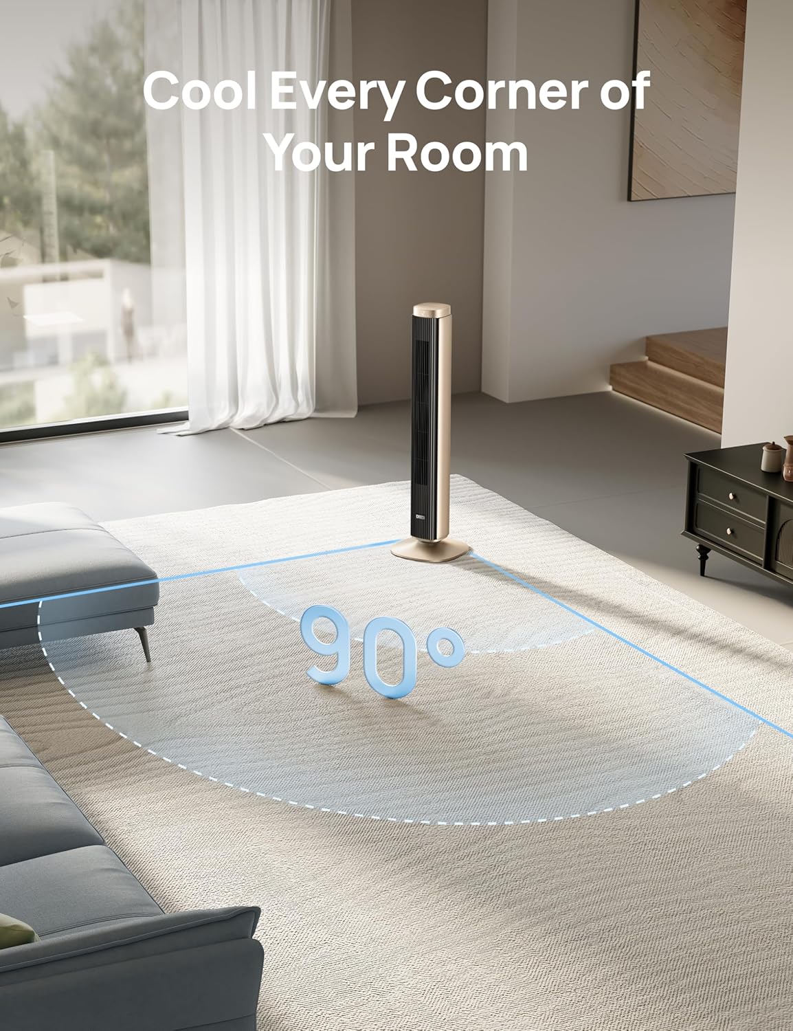 Dreo Tower Fan for Bedroom, 90° Oscillating Standing Fan with 40ft Far Airflow, 25dB Ultra Quiet DC Motor, 28ft/s Velocity, 12 Speeds, 42 inch, Smart Control, 4 Modes, 12H Timer, Pilot Pro S